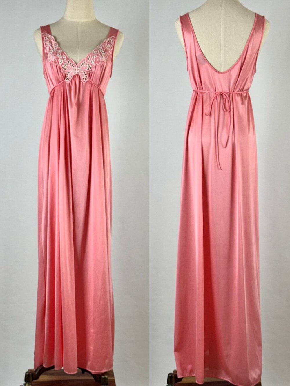 Vtg Vanity Fair Embroidered Slip Nightgown Maxi Butterfly Coral Pink Nylon Satin